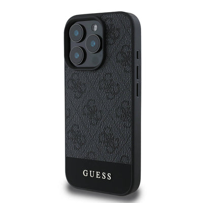 Apple iPhone 16 Pro Kılıf Guess Orjinal Lisanslı Magsafe Şarj Özellikli PU Deri Şerit Logo Dizaynlı Kapak Siyah
