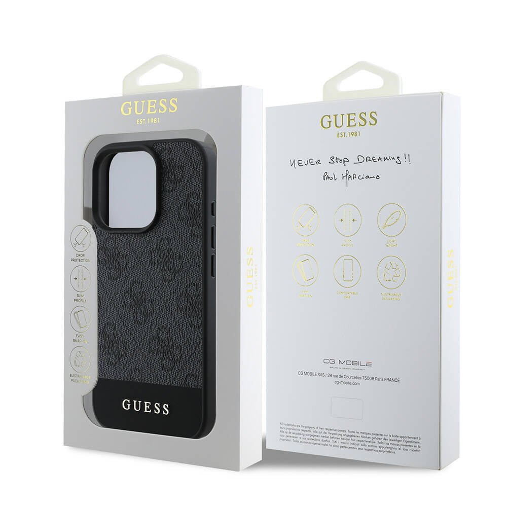 Apple iPhone 16 Pro Kılıf Guess Orjinal Lisanslı Magsafe Şarj Özellikli PU Deri Şerit Logo Dizaynlı Kapak Siyah