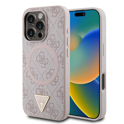 iPhone 16 Pro Kılıf Guess Orjinal Lisanslı M-safe Şarj Özellikli PU Üçgen Logo 4G Desenli Kılıf