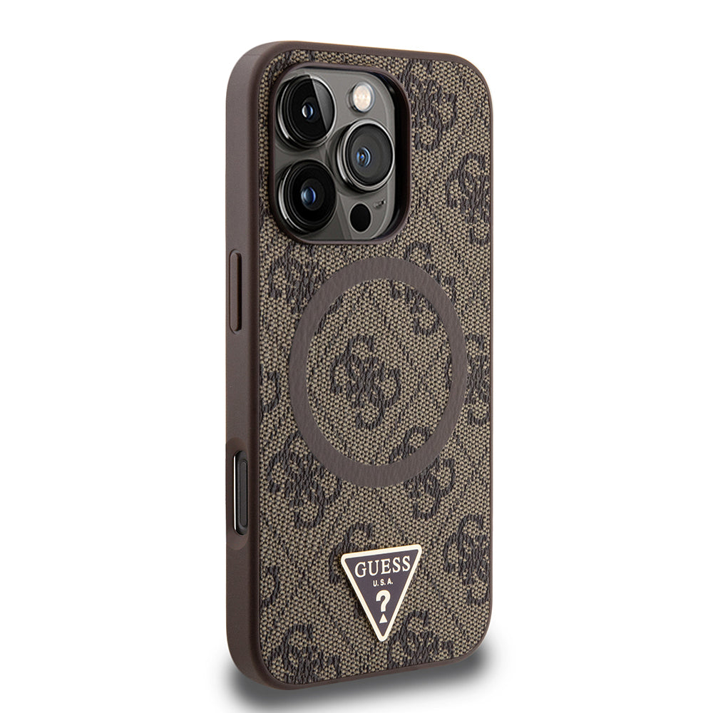 iPhone 16 Pro Kılıf Guess Orjinal Lisanslı M-safe Şarj Özellikli PU Üçgen Logo 4G Desenli Kılıf