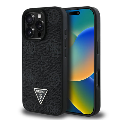 Apple iPhone 16 Pro Kılıf Guess Orjinal Lisanslı M-safe Şarj Özellikli Sıcak Baskılı Üçgen Logolu PU Deri Peony Kapak Siyah