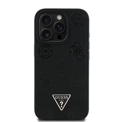Apple iPhone 16 Pro Kılıf Guess Orjinal Lisanslı M-safe Şarj Özellikli Sıcak Baskılı Üçgen Logolu PU Deri Peony Kapak Siyah