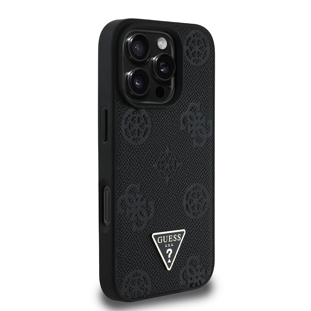 Apple iPhone 16 Pro Kılıf Guess Orjinal Lisanslı M-safe Şarj Özellikli Sıcak Baskılı Üçgen Logolu PU Deri Peony Kapak Siyah