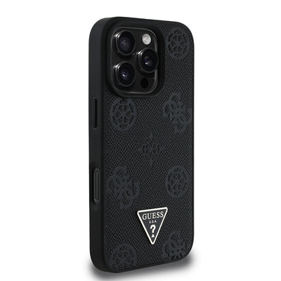 Apple iPhone 16 Pro Kılıf Guess Orjinal Lisanslı M-safe Şarj Özellikli Sıcak Baskılı Üçgen Logolu PU Deri Peony Kapak Siyah