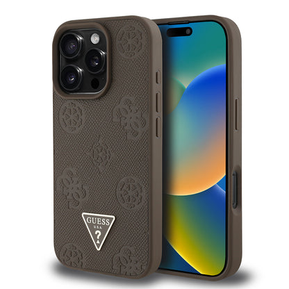 iPhone 16 Pro Kılıf Guess Orjinal Lisanslı M-safe Şarj Özellikli Sıcak Baskılı Üçgen Logolu PU Deri Peony Kılıf