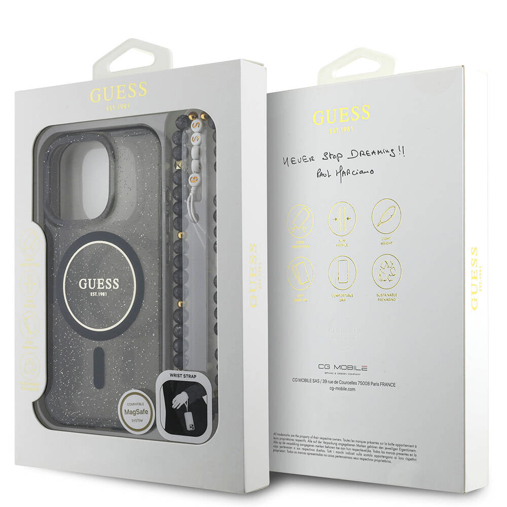 iPhone 16 Pro Kılıf Guess Orjinal Lisanslı M-safe Şarj Özellikli Simli Silikon İnci Bileklikli Kılıf