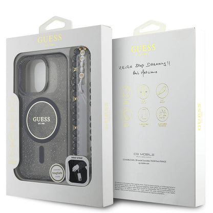 iPhone 16 Pro Kılıf Guess Orjinal Lisanslı M-safe Şarj Özellikli Simli Silikon İnci Bileklikli Kılıf