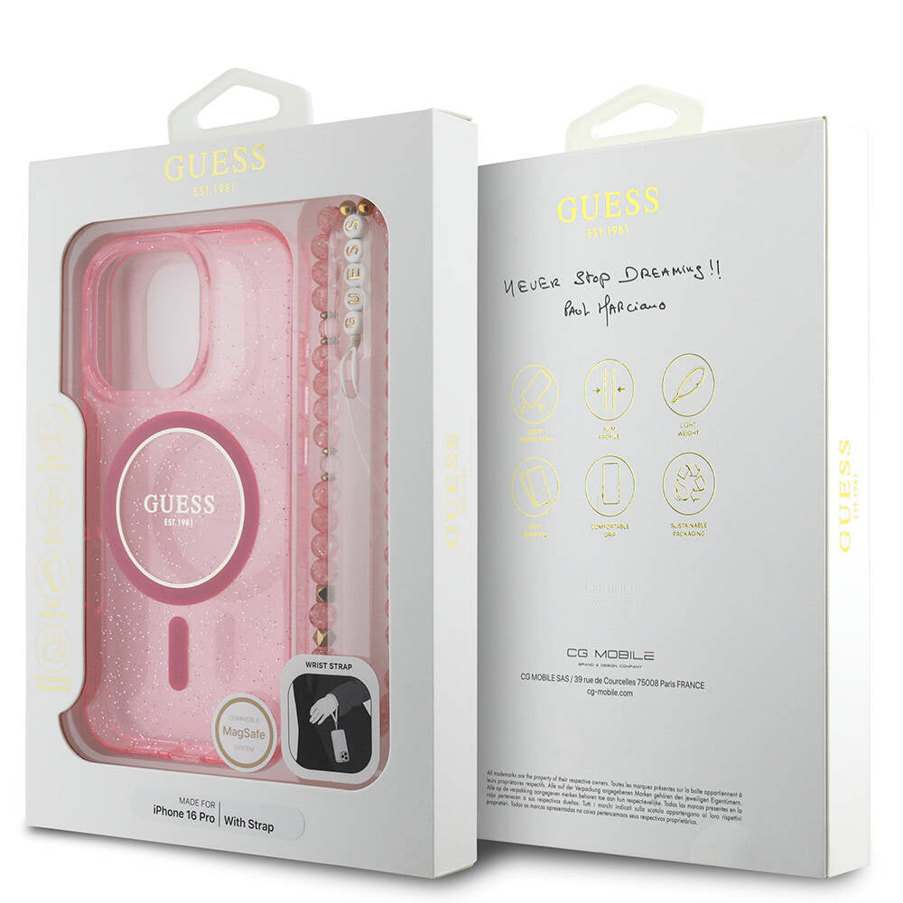 iPhone 16 Pro Kılıf Guess Orjinal Lisanslı M-safe Şarj Özellikli Simli Silikon İnci Bileklikli Kılıf