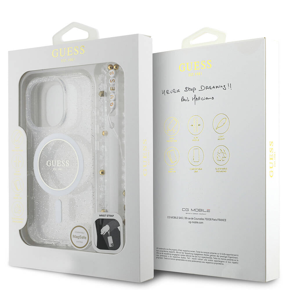 iPhone 16 Pro Kılıf Guess Orjinal Lisanslı M-safe Şarj Özellikli Simli Silikon İnci Bileklikli Kılıf