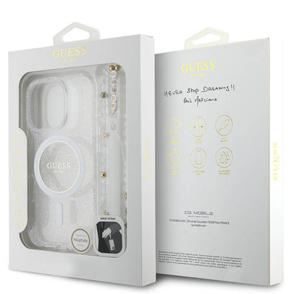 iPhone 16 Pro Kılıf Guess Orjinal Lisanslı M-safe Şarj Özellikli Simli Silikon İnci Bileklikli Kılıf