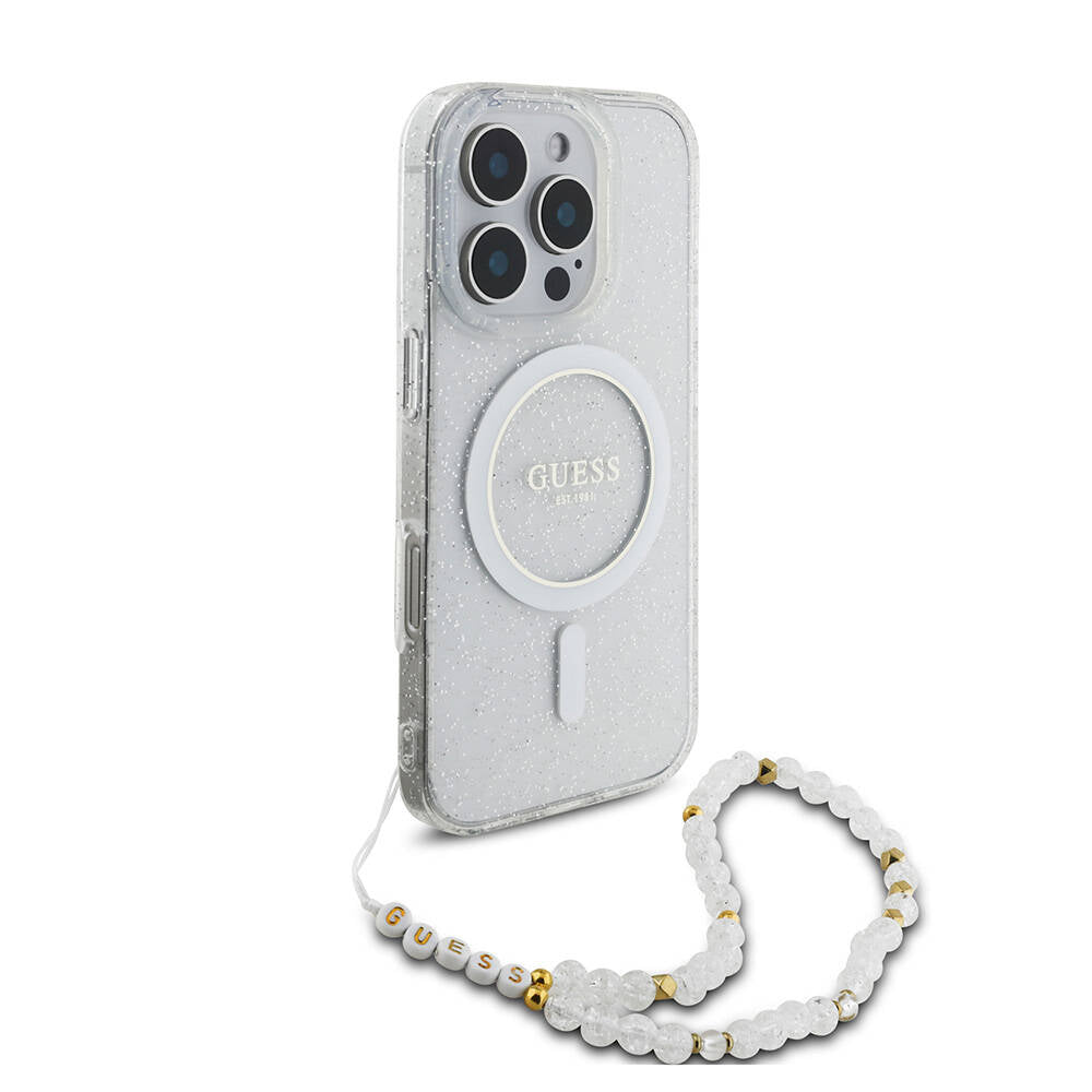 iPhone 16 Pro Kılıf Guess Orjinal Lisanslı M-safe Şarj Özellikli Simli Silikon İnci Bileklikli Kılıf