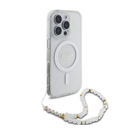 iPhone 16 Pro Kılıf Guess Orjinal Lisanslı M-safe Şarj Özellikli Simli Silikon İnci Bileklikli Kılıf