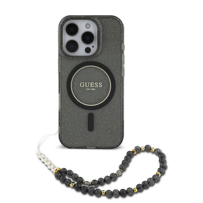 iPhone 16 Pro Kılıf Guess Orjinal Lisanslı M-safe Şarj Özellikli Simli Silikon İnci Bileklikli Kılıf