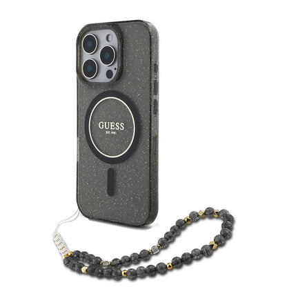 iPhone 16 Pro Kılıf Guess Orjinal Lisanslı M-safe Şarj Özellikli Simli Silikon İnci Bileklikli Kılıf