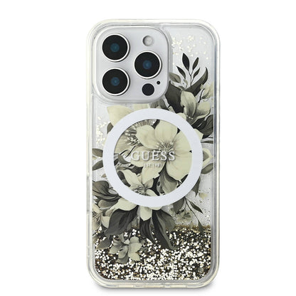 iPhone 16 Pro Kılıf Guess Orjinal Lisanslı M-safe Şarj Özellikli Sıvılı Simli Çiçek Desenli Kılıf