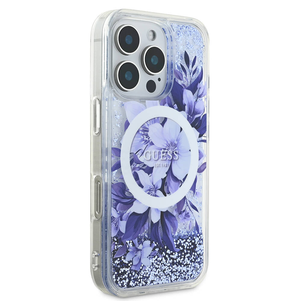 iPhone 16 Pro Kılıf Guess Orjinal Lisanslı M-safe Şarj Özellikli Sıvılı Simli Çiçek Desenli Kılıf