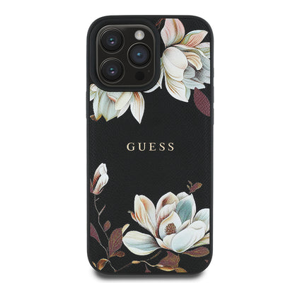 Apple iPhone 16 Pro Kılıf Guess Orjinal Lisanslı M-safe Şarj Özellikli Taneli Çiçek Tasarımlı Metal Yazı Logolu Kapak Kırmızı