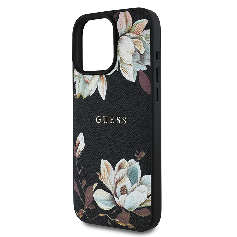 iPhone 16 Pro Kılıf Guess Orjinal Lisanslı M-safe Şarj Özellikli Taneli Çiçek Tasarımlı Metal Yazı Logolu Kılıf