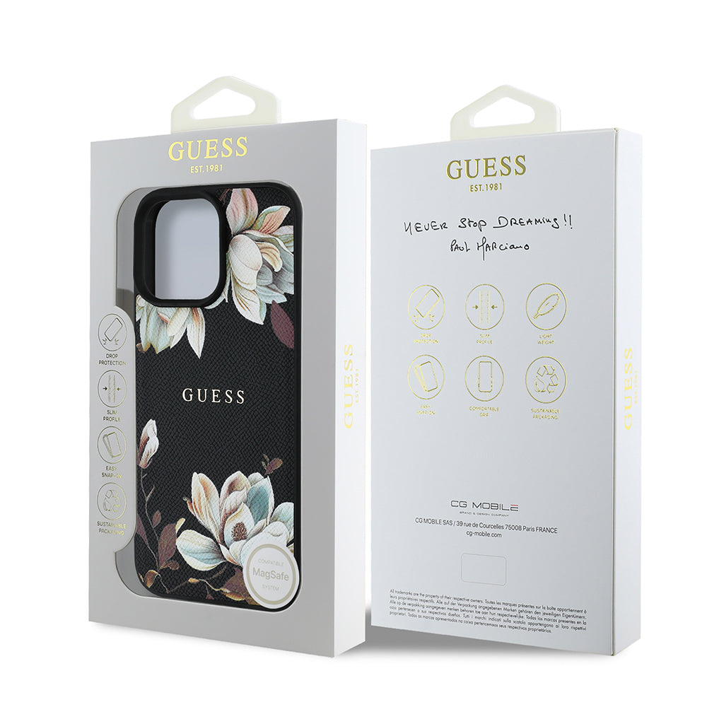 Apple iPhone 16 Pro Kılıf Guess Orjinal Lisanslı M-safe Şarj Özellikli Taneli Çiçek Tasarımlı Metal Yazı Logolu Kapak Kırmızı