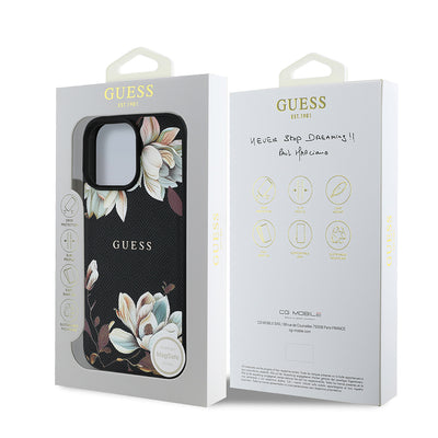 Apple iPhone 16 Pro Kılıf Guess Orjinal Lisanslı M-safe Şarj Özellikli Taneli Çiçek Tasarımlı Metal Yazı Logolu Kapak Kırmızı