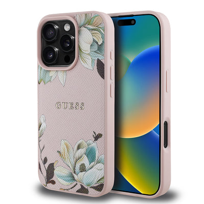 Apple iPhone 16 Pro Kılıf Guess Orjinal Lisanslı M-safe Şarj Özellikli Taneli Çiçek Tasarımlı Metal Yazı Logolu Kapak Kırmızı