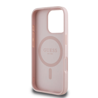 Apple iPhone 16 Pro Kılıf Guess Orjinal Lisanslı M-safe Şarj Özellikli Taneli Çiçek Tasarımlı Metal Yazı Logolu Kapak Kırmızı