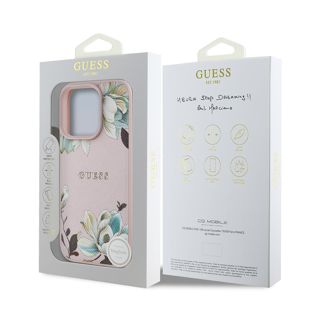 Apple iPhone 16 Pro Kılıf Guess Orjinal Lisanslı M-safe Şarj Özellikli Taneli Çiçek Tasarımlı Metal Yazı Logolu Kapak Kırmızı