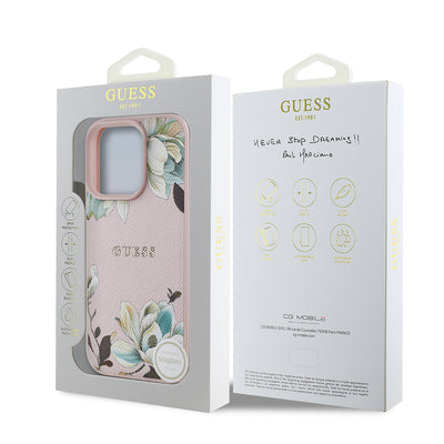 Apple iPhone 16 Pro Kılıf Guess Orjinal Lisanslı M-safe Şarj Özellikli Taneli Çiçek Tasarımlı Metal Yazı Logolu Kapak Kırmızı