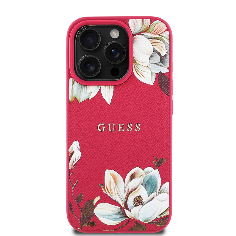 Apple iPhone 16 Pro Kılıf Guess Orjinal Lisanslı M-safe Şarj Özellikli Taneli Çiçek Tasarımlı Metal Yazı Logolu Kapak Kırmızı