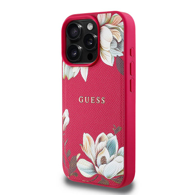 Apple iPhone 16 Pro Kılıf Guess Orjinal Lisanslı M-safe Şarj Özellikli Taneli Çiçek Tasarımlı Metal Yazı Logolu Kapak Kırmızı