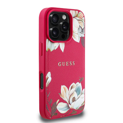 Apple iPhone 16 Pro Kılıf Guess Orjinal Lisanslı M-safe Şarj Özellikli Taneli Çiçek Tasarımlı Metal Yazı Logolu Kapak Kırmızı