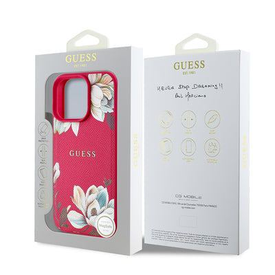 Apple iPhone 16 Pro Kılıf Guess Orjinal Lisanslı M-safe Şarj Özellikli Taneli Çiçek Tasarımlı Metal Yazı Logolu Kapak Kırmızı