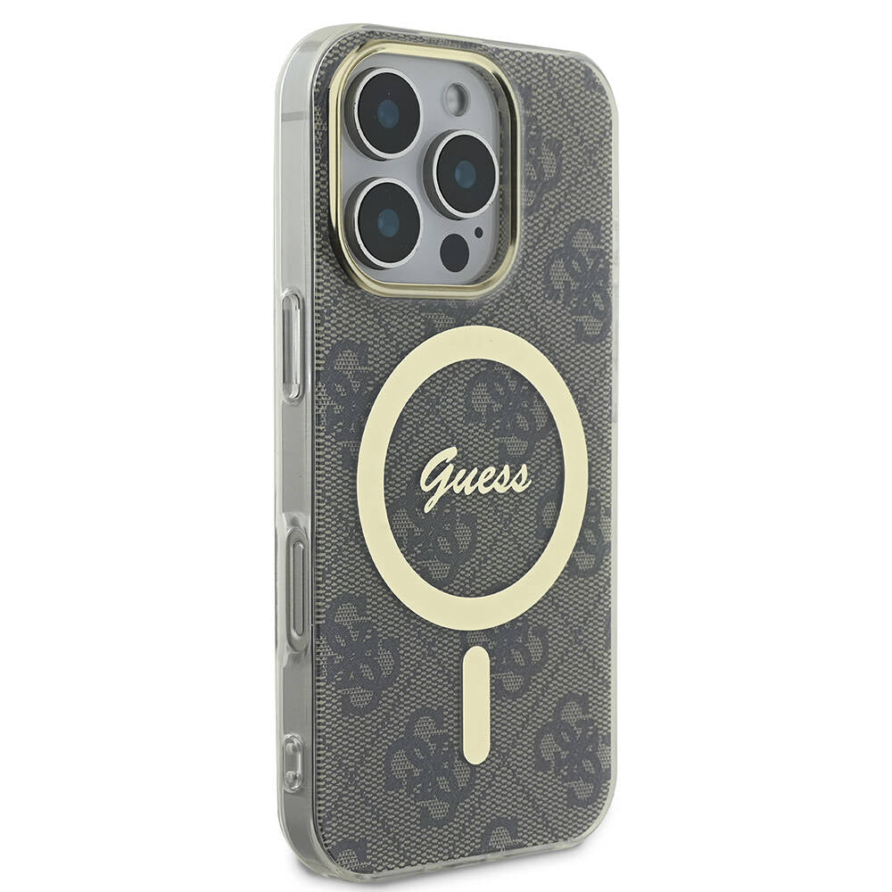 Apple iPhone 16 Pro Kılıf Guess Orjinal Lisanslı Magsafe Şarj Özellikli Yazı Logolu 4G Desenli Kapak Kahverengi