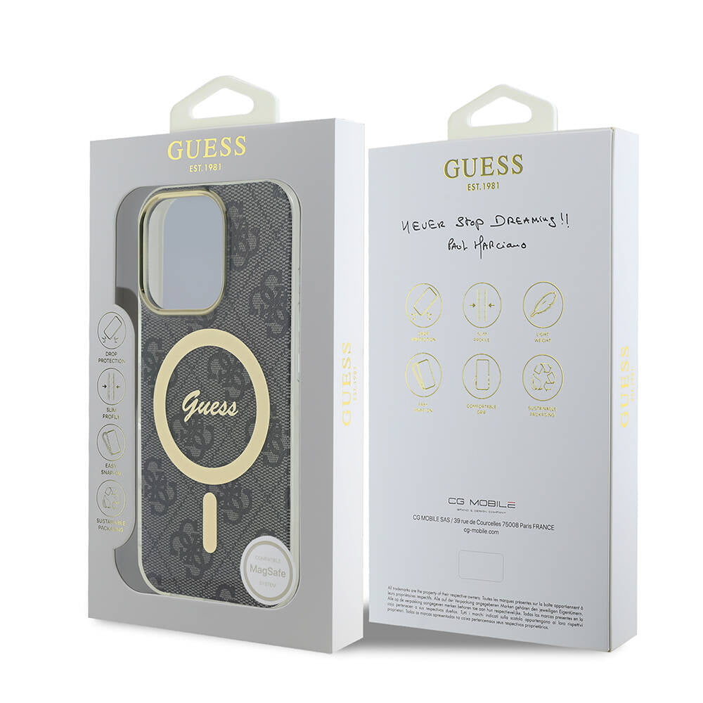 Apple iPhone 16 Pro Kılıf Guess Orjinal Lisanslı Magsafe Şarj Özellikli Yazı Logolu 4G Desenli Kapak Kahverengi