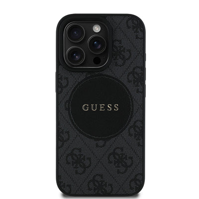Apple iPhone 16 Pro Kılıf Guess Orjinal Lisanslı M-safe Şarj Özellikli Yazı Logolu Circle Classic Kapak Kahverengi