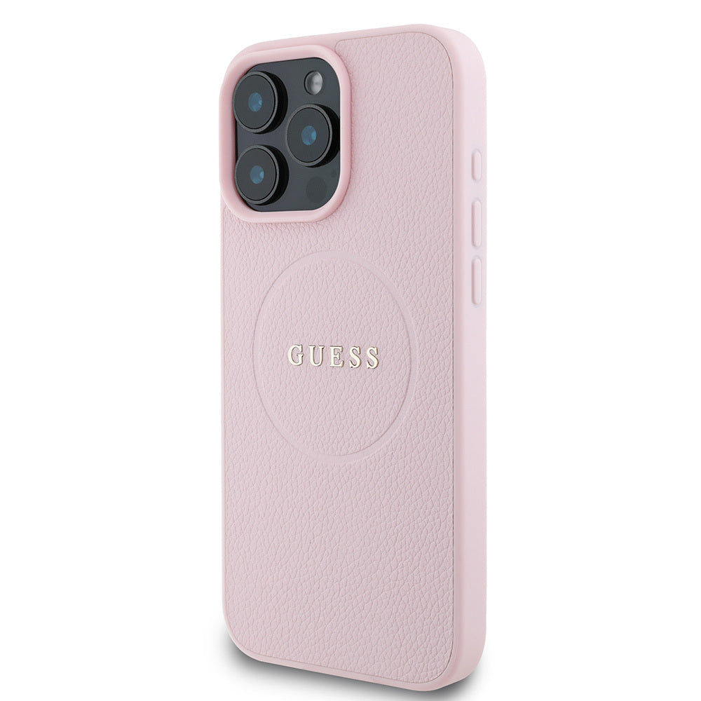 Apple iPhone 16 Pro Kılıf Guess Orjinal Lisanslı Magsafe Şarj Özellikli Yazı Logolu Grained Kapak Pembe