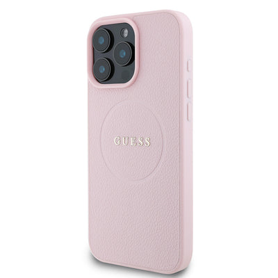 Apple iPhone 16 Pro Kılıf Guess Orjinal Lisanslı Magsafe Şarj Özellikli Yazı Logolu Grained Kapak Pembe