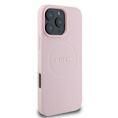 Apple iPhone 16 Pro Kılıf Guess Orjinal Lisanslı Magsafe Şarj Özellikli Yazı Logolu Grained Kapak Pembe