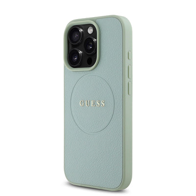 Apple iPhone 16 Pro Kılıf Guess Orjinal Lisanslı Magsafe Şarj Özellikli Yazı Logolu Grained Kapak Yeşil