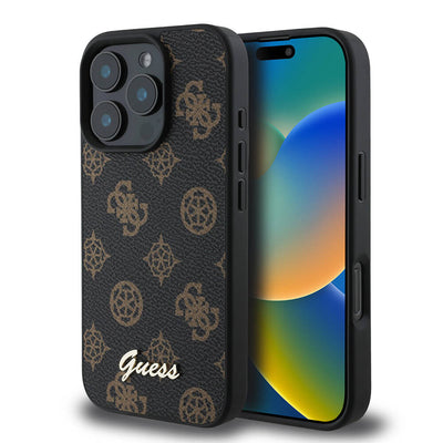 Apple iPhone 16 Pro Kılıf Guess Orjinal Lisanslı Magsafe Şarj Özellikli Yazı Logolu Peony Kapak Kahverengi