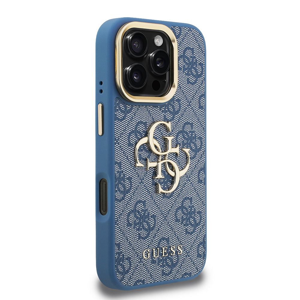 iPhone 16 Pro Kılıf Guess Orjinal Lisanslı PU Deri 4G Desenli Metal Büyük 4G ve Yazı Logolu Kamera Standlı Kılıf