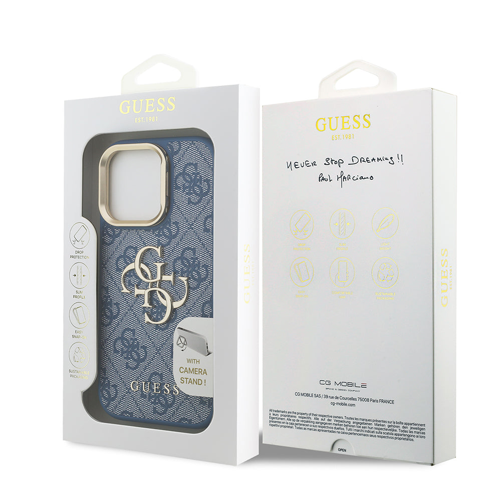 iPhone 16 Pro Kılıf Guess Orjinal Lisanslı PU Deri 4G Desenli Metal Büyük 4G ve Yazı Logolu Kamera Standlı Kılıf
