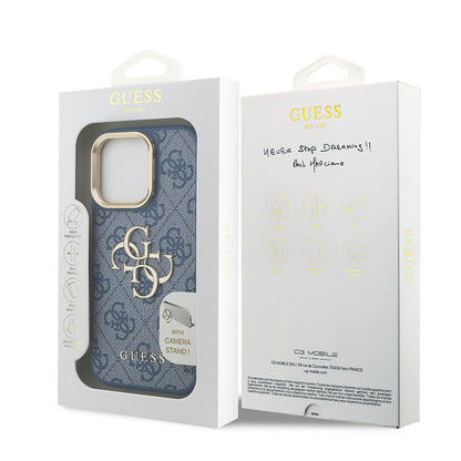 iPhone 16 Pro Kılıf Guess Orjinal Lisanslı PU Deri 4G Desenli Metal Büyük 4G ve Yazı Logolu Kamera Standlı Kılıf