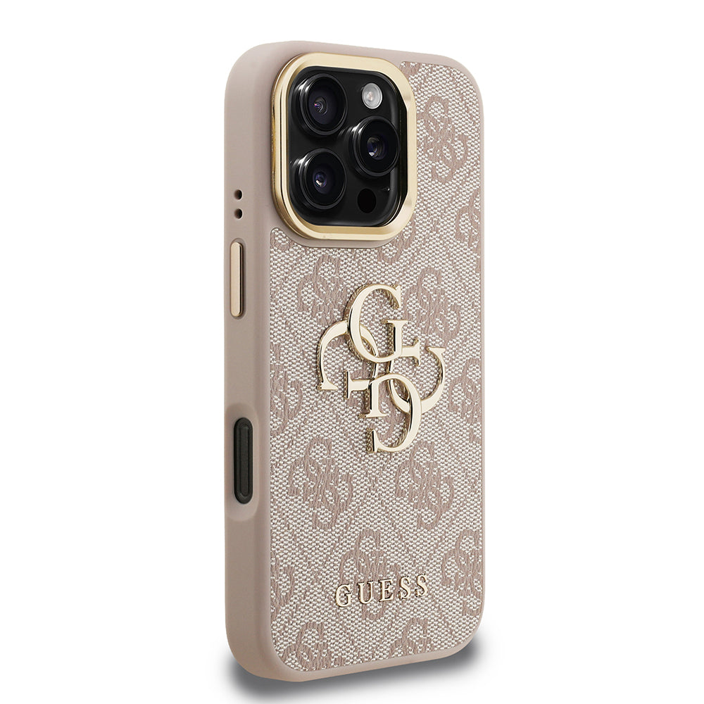 iPhone 16 Pro Kılıf Guess Orjinal Lisanslı PU Deri 4G Desenli Metal Büyük 4G ve Yazı Logolu Kamera Standlı Kılıf