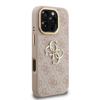 iPhone 16 Pro Kılıf Guess Orjinal Lisanslı PU Deri 4G Desenli Metal Büyük 4G ve Yazı Logolu Kamera Standlı Kılıf