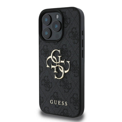 Apple iPhone 16 Pro Kılıf Guess Orjinal Lisanslı PU Deri 4G Desenli Metal Büyük 4G ve Yazı Logolu Kapak Pembe