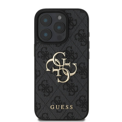 Apple iPhone 16 Pro Kılıf Guess Orjinal Lisanslı PU Deri 4G Desenli Metal Büyük 4G ve Yazı Logolu Kapak Pembe