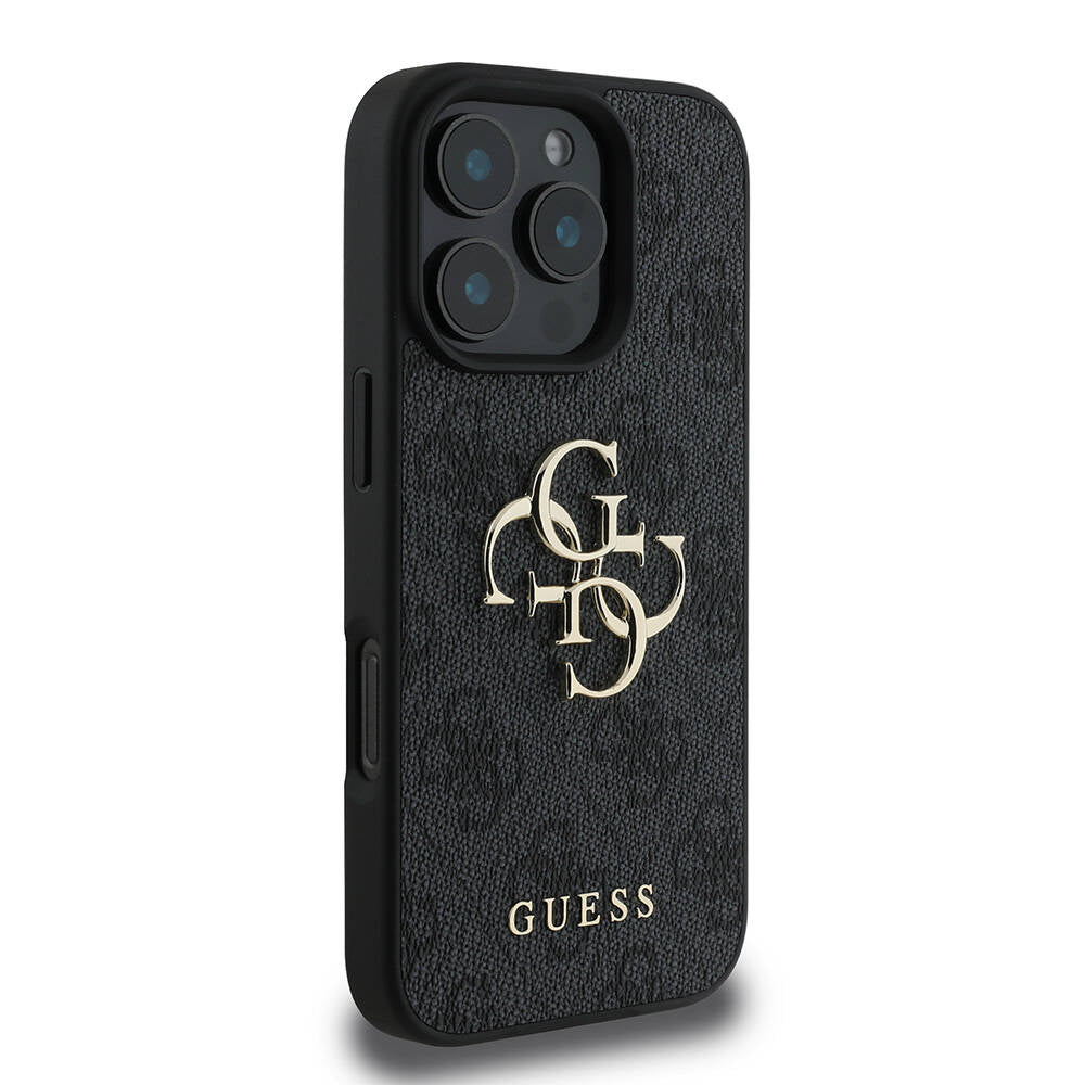 Apple iPhone 16 Pro Kılıf Guess Orjinal Lisanslı PU Deri 4G Desenli Metal Büyük 4G ve Yazı Logolu Kapak Pembe