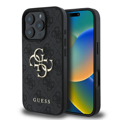 iPhone 16 Pro Kılıf Guess Orjinal Lisanslı PU Deri 4G Desenli Metal Büyük 4G ve Yazı Logolu Kılıf