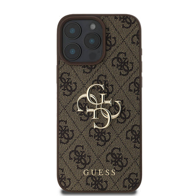 Apple iPhone 16 Pro Kılıf Guess Orjinal Lisanslı PU Deri 4G Desenli Metal Büyük 4G ve Yazı Logolu Kapak Pembe